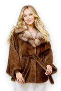 Demi Buff Mink Sable fur collar  Coat with fur belt Demi Buff Mink Sable fur collar  Coat with fur belt