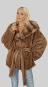 Brown Mink Sable Hooded Jacket Fur Belt   close up