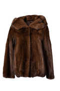 Mahogany Hooded Mink Fur Bomber Jacket  on ghost mannequin Mahogany Hooded Mink Fur Bomber Jacket  on ghost mannequin