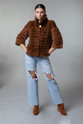 Brown Mink Fur Jacket Cropped Sleeves Stand Up Collar on model front view