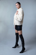 Tan Mink Fur Jacket Waist Length Rhinestone Sleeve Chain  front view side view Tan Mink Fur Jacket Waist Length Rhinestone Sleeve Chain  front view side view