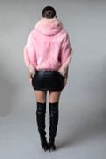 Pink Fu Cape Hooded Fox Trim Drawstrings  on model rear view Pink Fu Cape Hooded Fox Trim Drawstrings  on model rear view