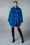 Electric Blue Mink Fur Coat Fully Let out Side Notches on model front view