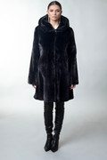 BLACK HOODED MINK FUR COAT SAGA LONG  ON MODEL FRONT VIEW BLACK HOODED MINK FUR COAT SAGA LONG  ON MODEL FRONT VIEW