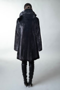 BLACK HOODED MINK FUR COAT SAGA LONG  ON MODEL REAR VIEW BLACK HOODED MINK FUR COAT SAGA LONG  ON MODEL REAR VIEW