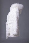White Rex Fur  Cape  Hooded Fox Trim Belt  side view
