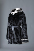 Black Mink Fur Coat Rex Fur Collar Cuffs Leather Belt  profile view