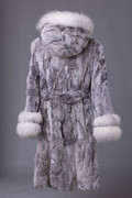 Gray Long Rex Fur Coat Hooded Fox Trim Fur Belt rear view Gray Long Rex Fur Coat Hooded Fox Trim Fur Belt rear view