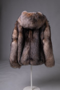 mens brown crystal fox fur hooded bomber jacket back vie view