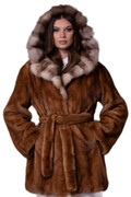 Hooded Brown Mink Sable  Fur Coat Sizes M-L