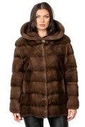 Hooded Mink Fur Coat Mahogany  