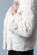Tan Mink Fur Jacket Waist Length Rhinestone Sleeve Chain  front view close up
