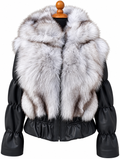Blue Fox Fur Jacket Hood Leather 
