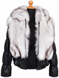 Blue Fox Fur Jacket Hood Leather 