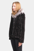 Black Herringbone Mink Hooded Jacket