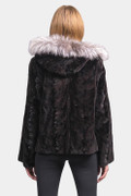 Black Herringbone Mink Hooded Jacket