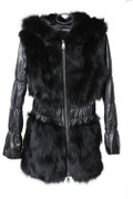 Black Fox Fur Jacket Hood leather sleeves Black Fox Fur Jacket Hood leather sleeves