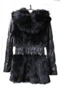 Black Fox Fur Jacket Hood leather sleeves Black Fox Fur Jacket Hood leather sleeves