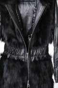 Black Fox Fur Jacket Hood leather sleeves Black Fox Fur Jacket Hood leather sleeves