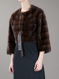Mahogany Mink Fur Bolero on model with dark gray dress Mahogany Mink Fur Bolero on model with dark gray dress