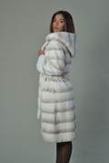 white rex fur coat with hood and belt