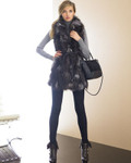 Silver Fox Fur Vest  Leather String Belt on model with black leather pants and black leather bag