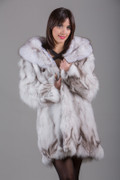 Blue  Fox Fur Coat with shawl fox fur collar Knee Length Front View Blue  Fox Fur Coat with shawl fox fur collar Knee Length Front View