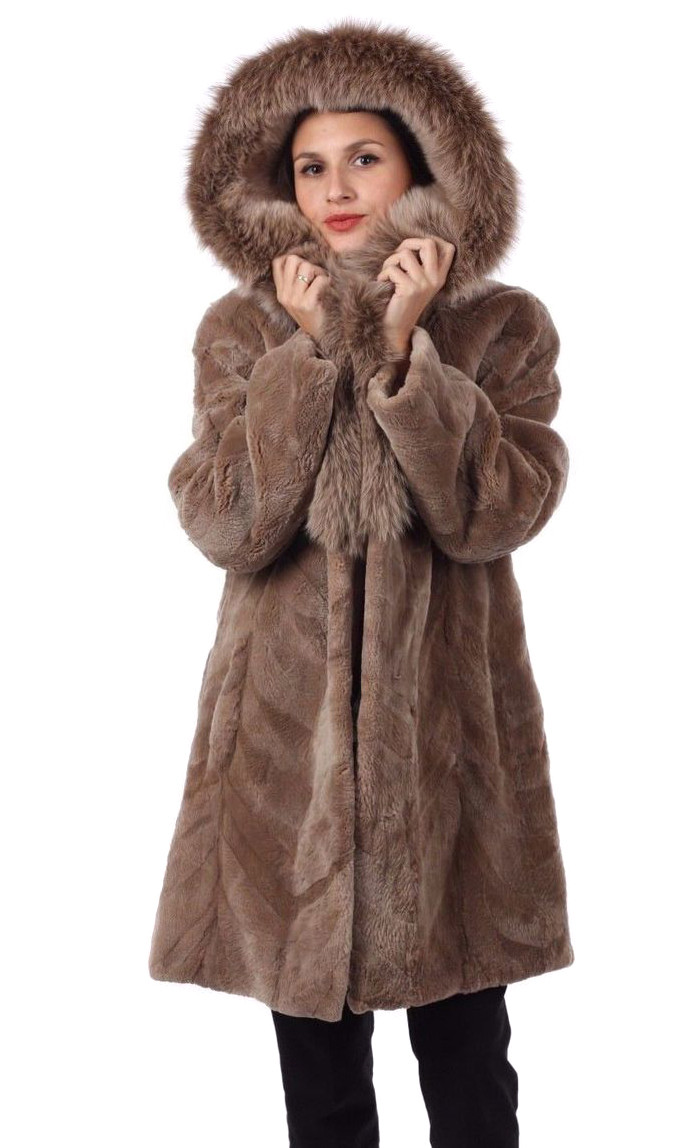 Light Brown Sheared Beaver Fur Coat Hooded with Fox Lining