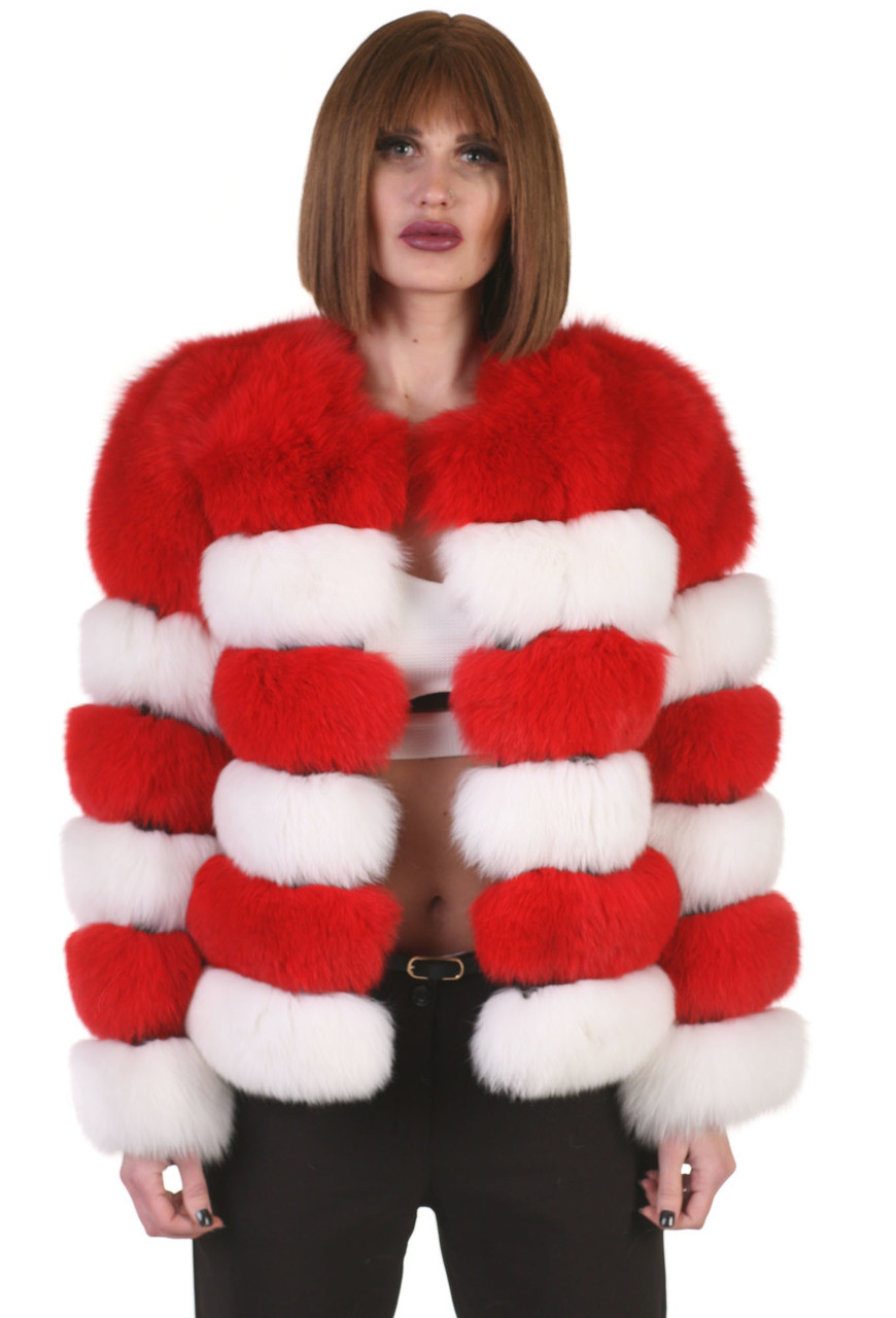 Collarless Fox Fur Jacket Red & White | SKANDINAVIK FUR