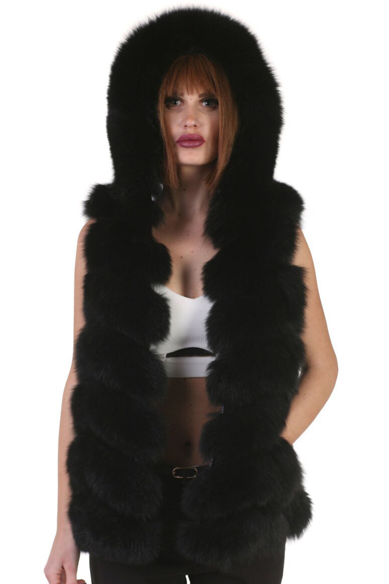 Black Fox Fur Vest Hooded | SKANDINAVIK FUR