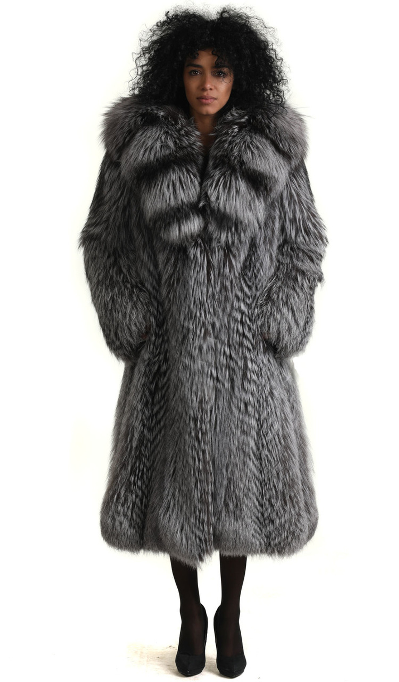 Silver Fox Fur Coat 3/4 Length Hooded Fully Let out | SKANDINAVIK FUR