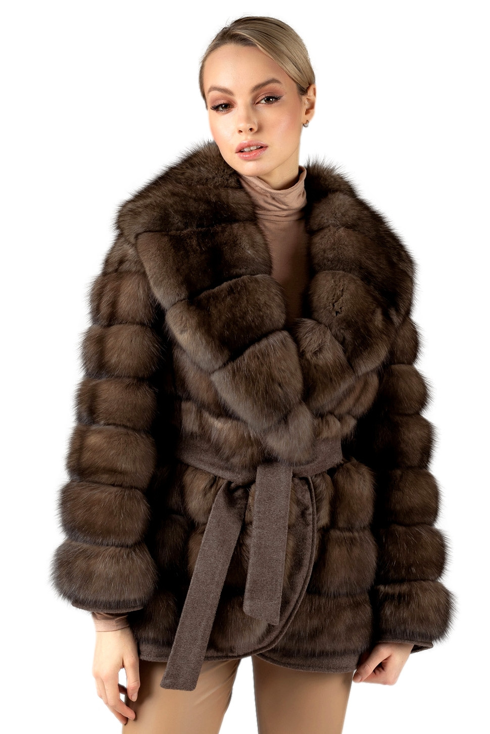 Sable fur coat with v neck collar and cashmere wool belt
