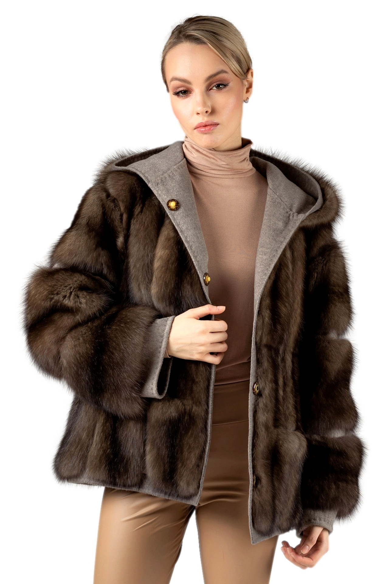 Hooded sable fur coat with cashmere wool details | SKANDINAVIK FUR