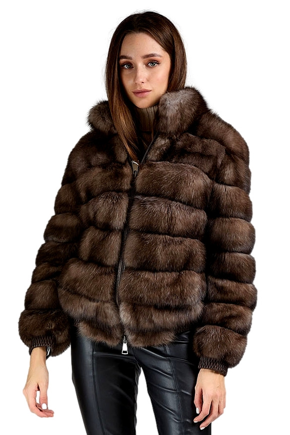 Sable fur jacket with zipper closure and stand up collar