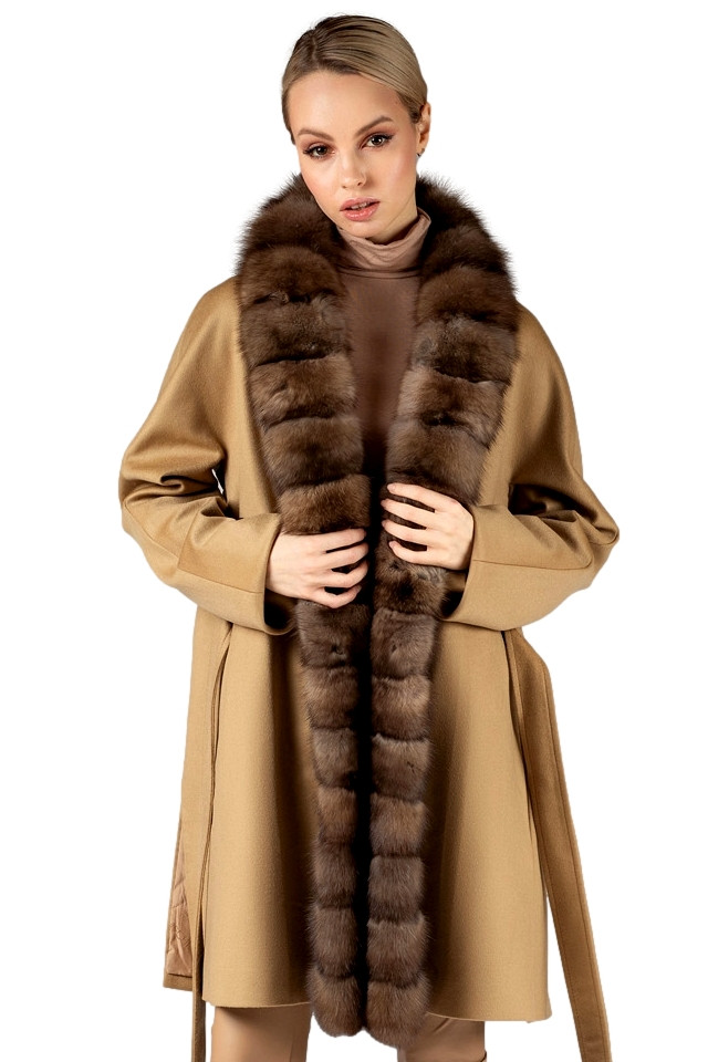 Tan Knee Length cashmere wool fur coat with sable fur trim