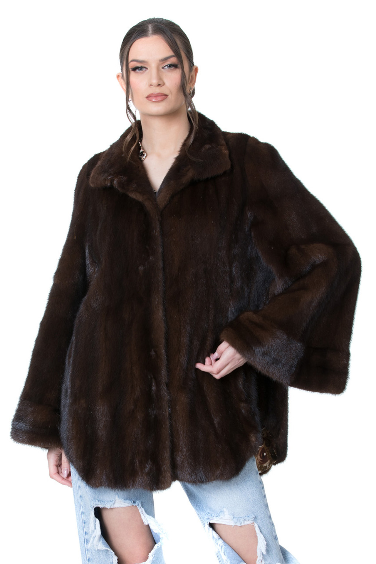アメリヴィンテージ ECO MINK FUR COAT Mahogany Mink Fur Coat With Side Slits Notched Collar