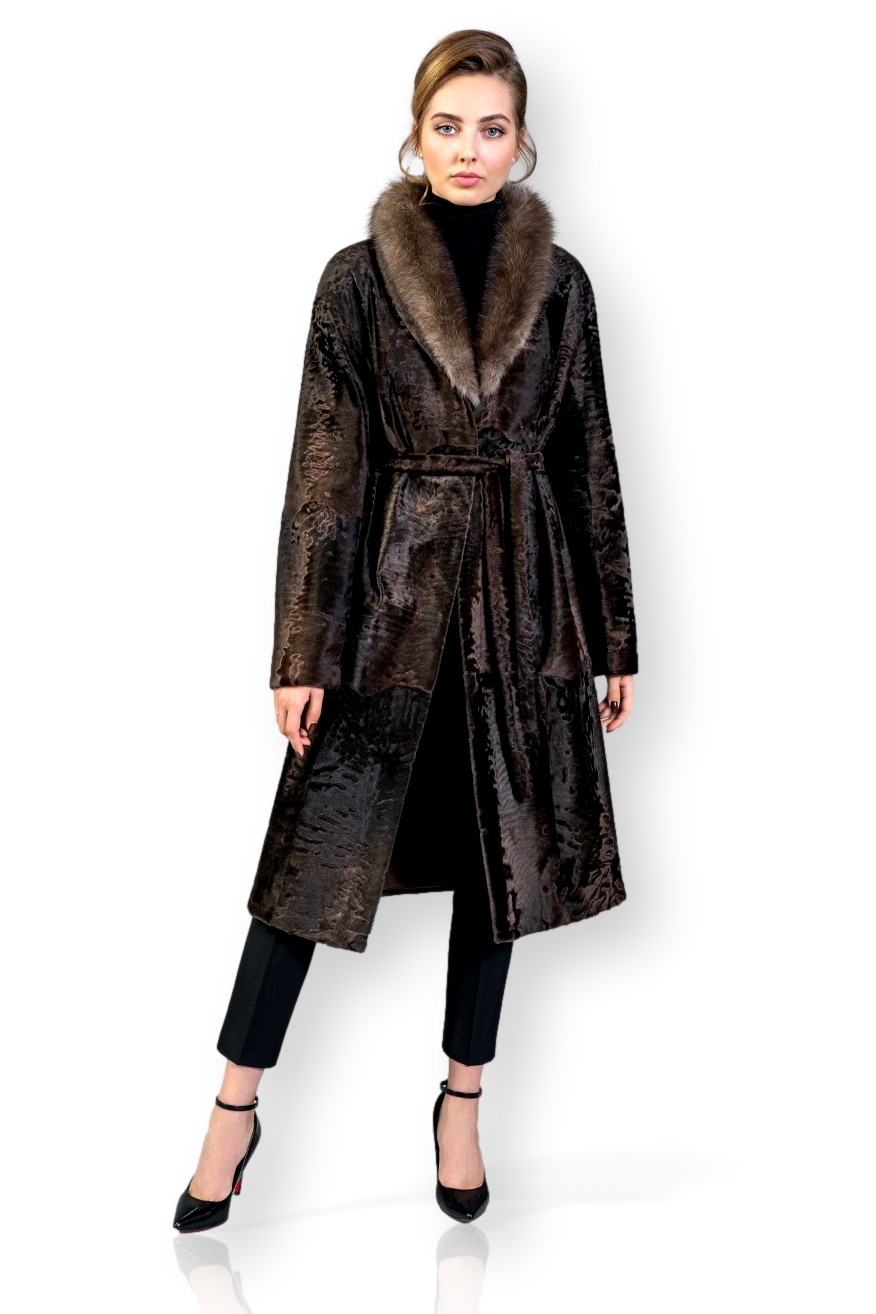 Brown Broadtail Coat Sable Collar Aline | SKANDINAVIK FUR