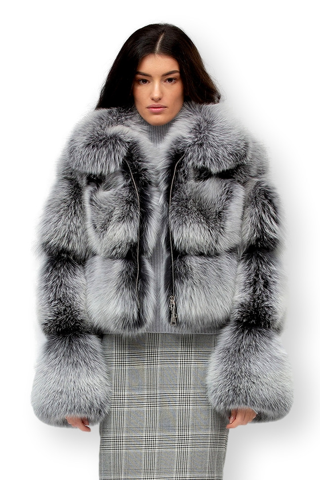 Charcoal Fox Fur Bomber Jacket Hooded | SKANDINAVIK FUR