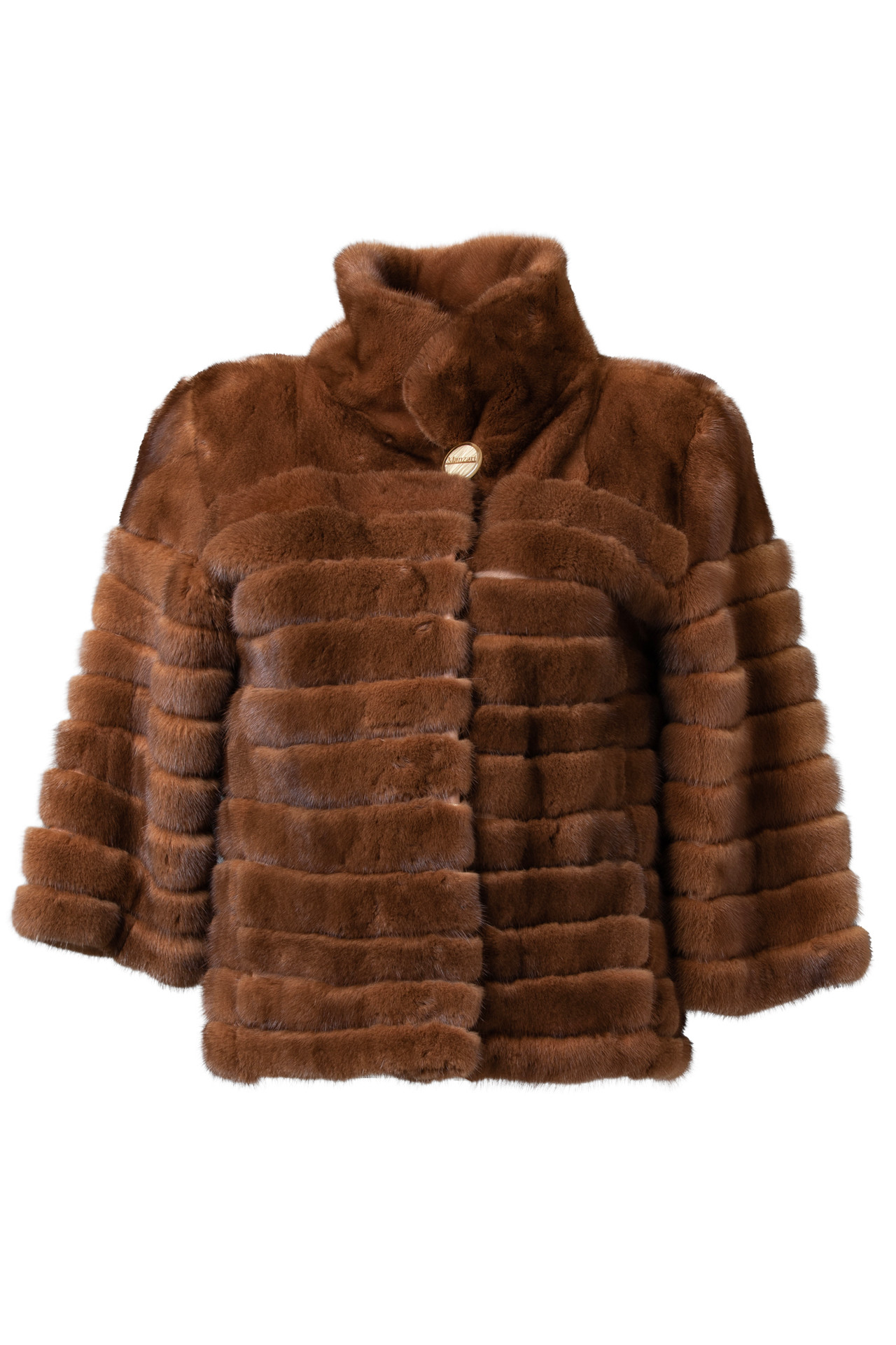 Brown Mink Fur Jacket Cropped Sleeves Stand Up Collar