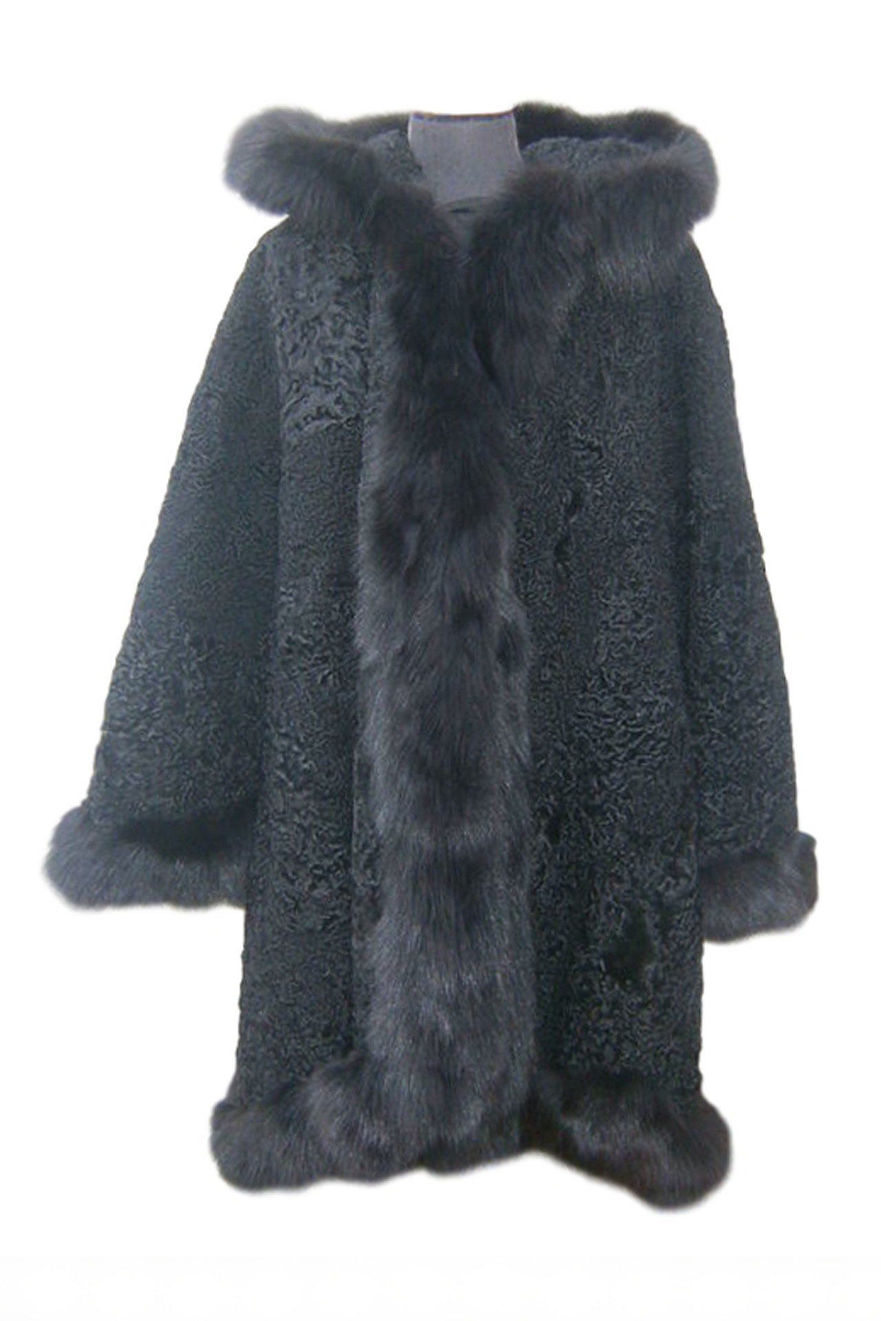 Black Persian Lamb Full Length Fox Trim Hood | SKANDINAVIK FUR