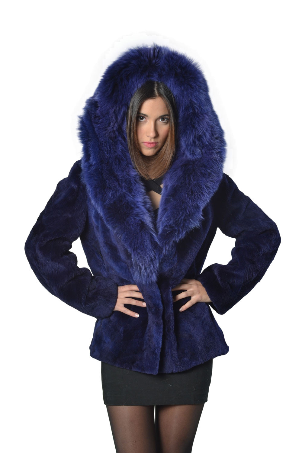 Blue Sheared Beaver Fur Coat Hooded Fox Trim | SKANDINAVIK FUR