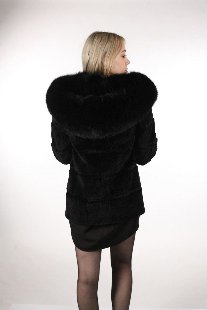 Black Sculpted Beaver Fur Jacket Hooded SKANDINAVIK FUR