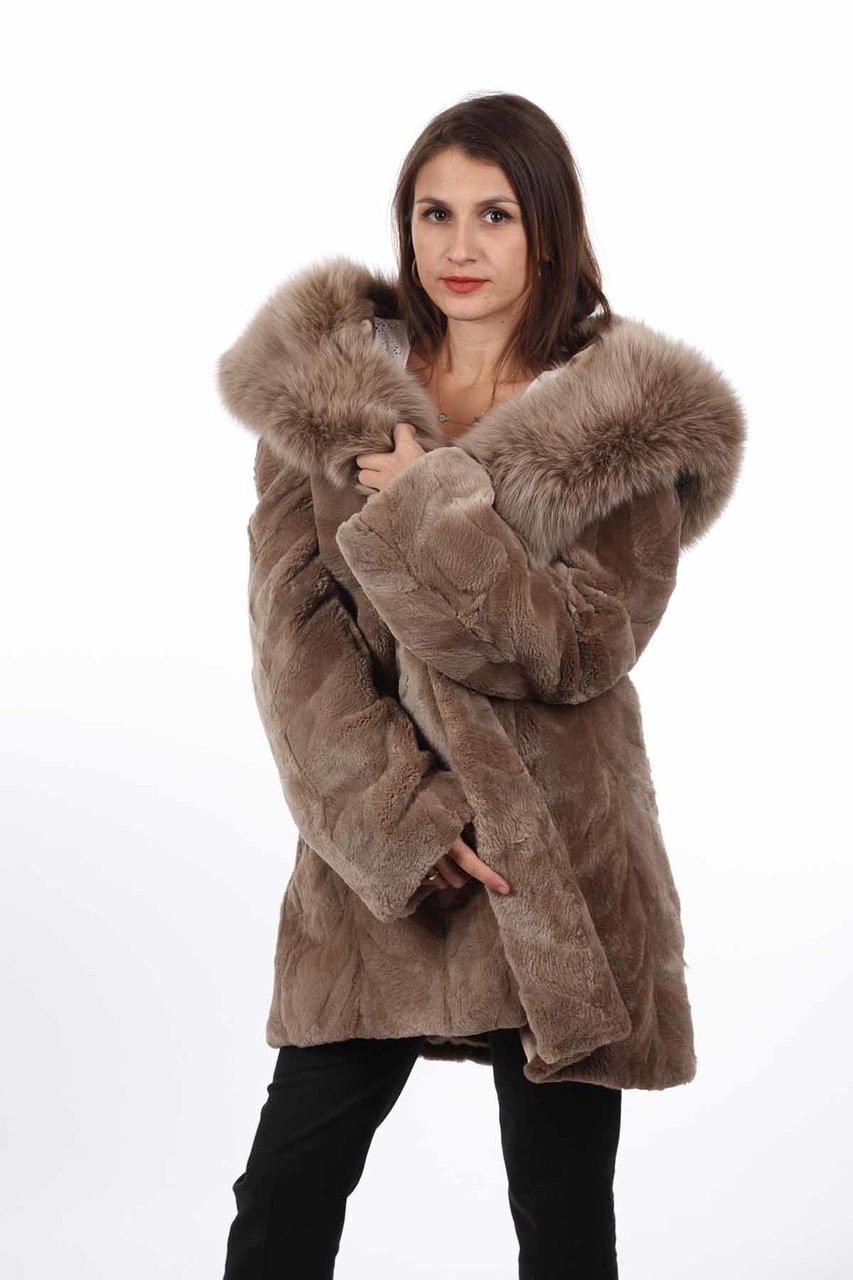 Light Brown Sheared Beaver Fur Coat Hooded with Fox Lining ...