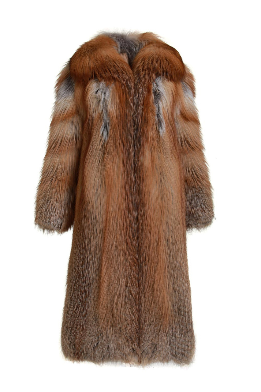 Red sheared mink fur coat with blue frost fox fur collar and cuffs