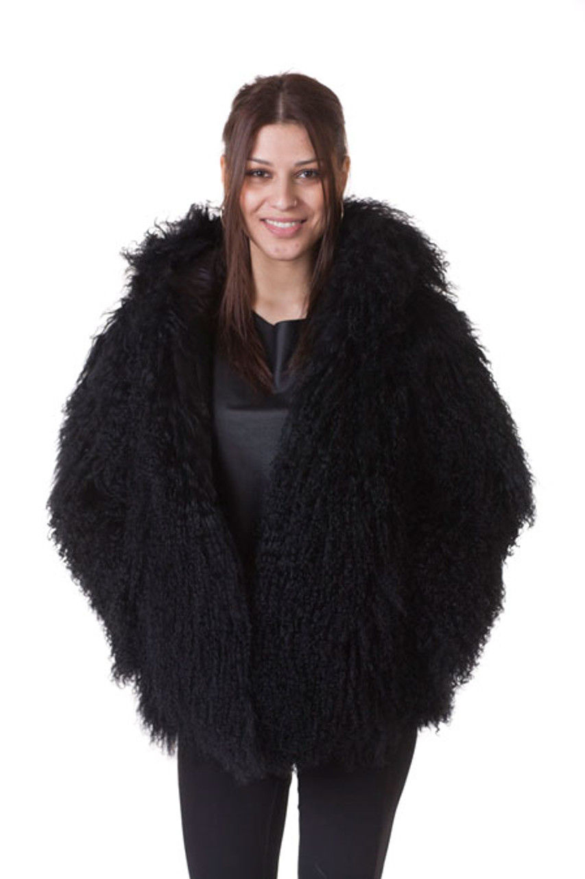 Black Mongolian Lamb Fur Coat Hooded | SKANDINAVIK FUR