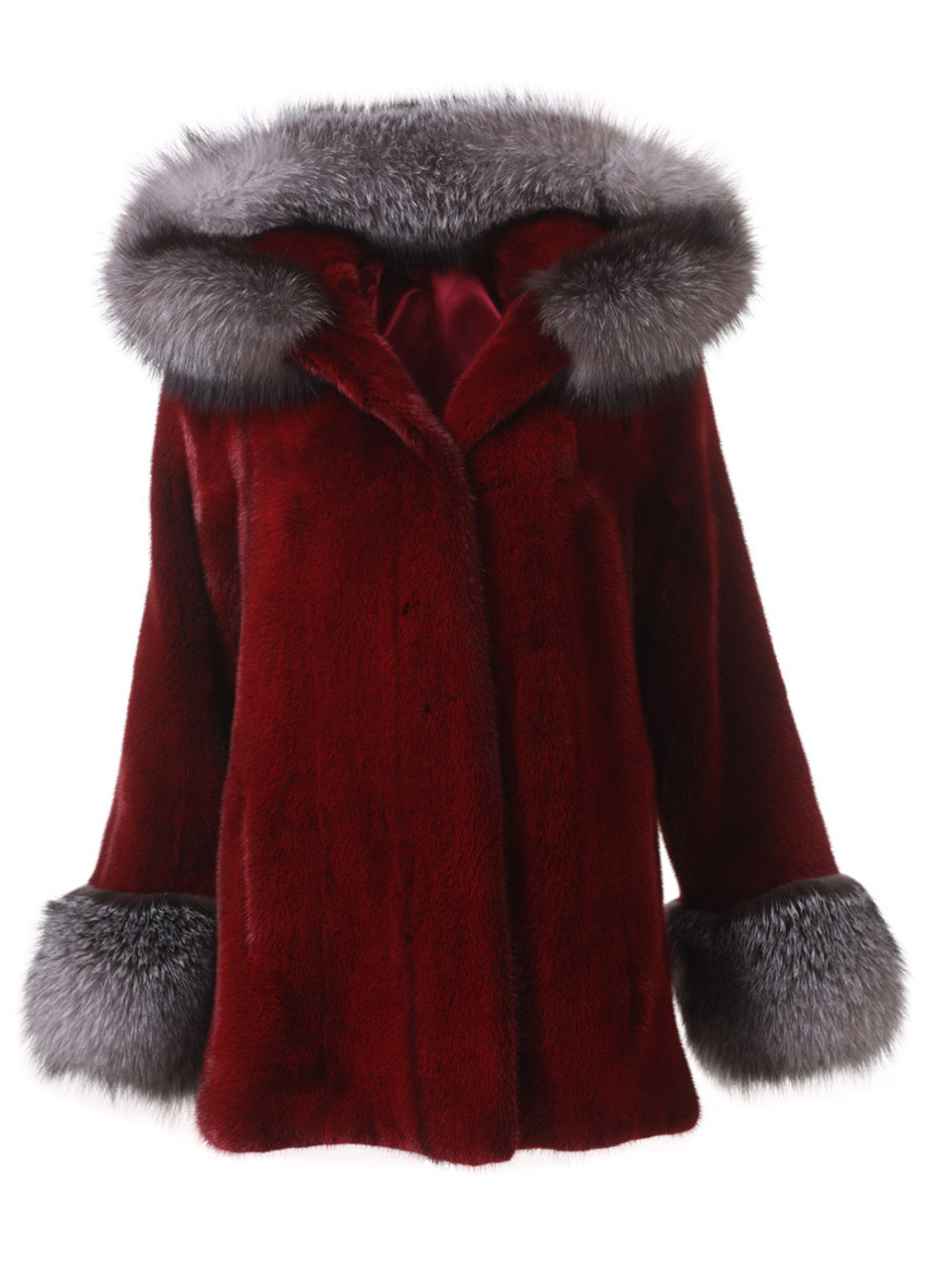 red hooded fur coat