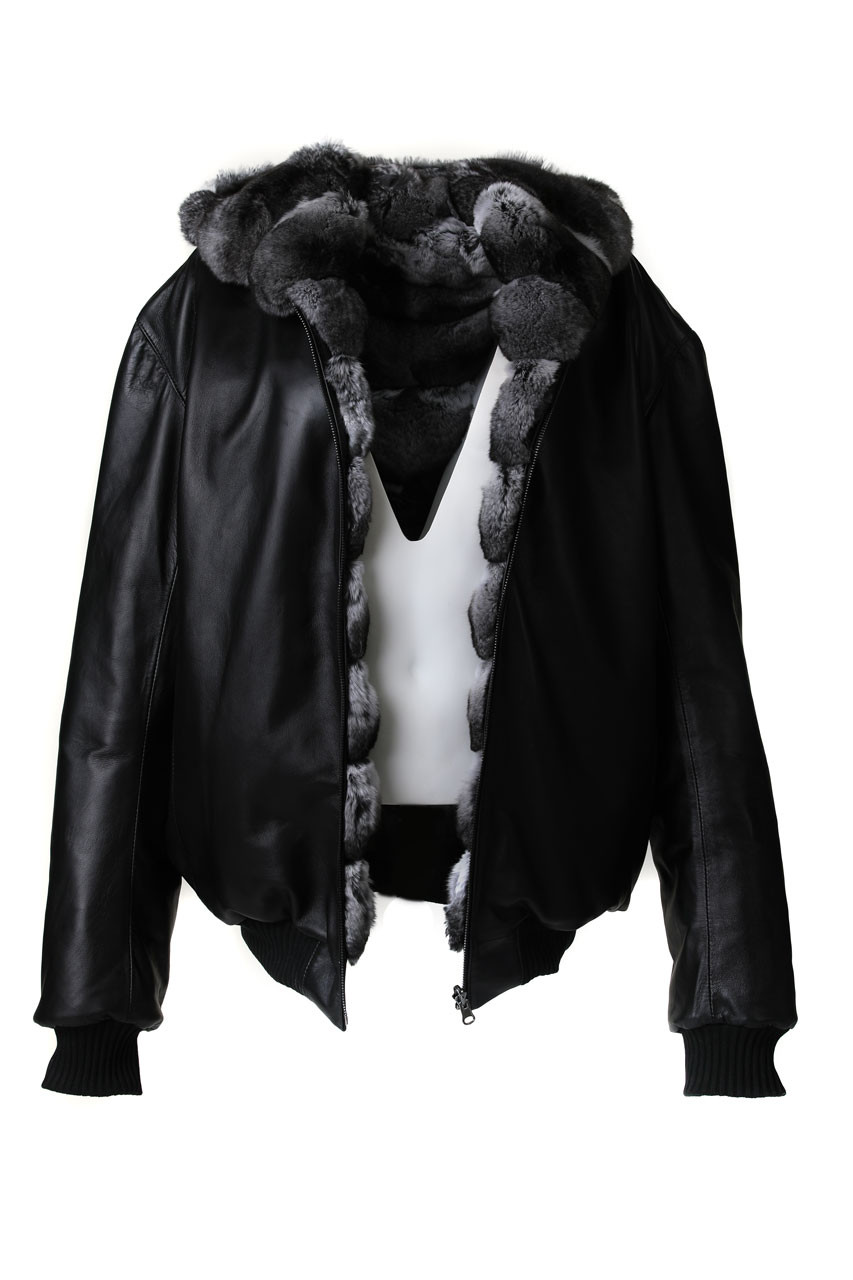 Reversible Hooded Chinchilla Leather Bomber Jacket | SKANDINAVIK FUR