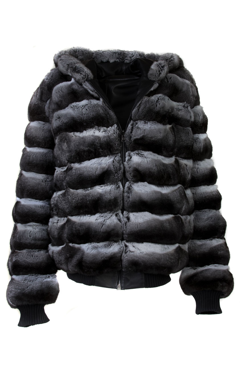 Reversible Hooded Chinchilla Leather Bomber Jacket | SKANDINAVIK FUR