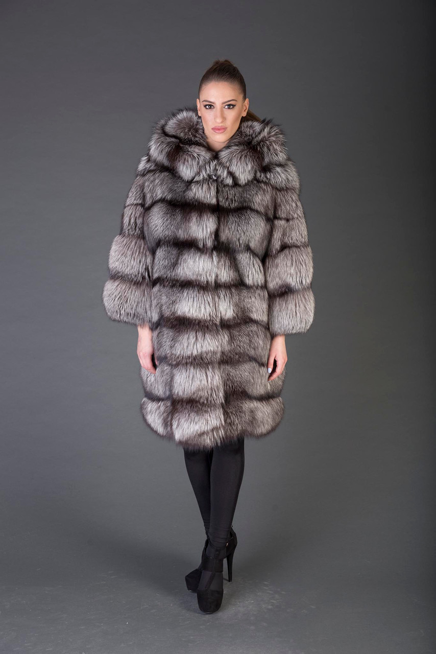Hooded Saga Silver Fox Fur Coat Skandinavik Fur