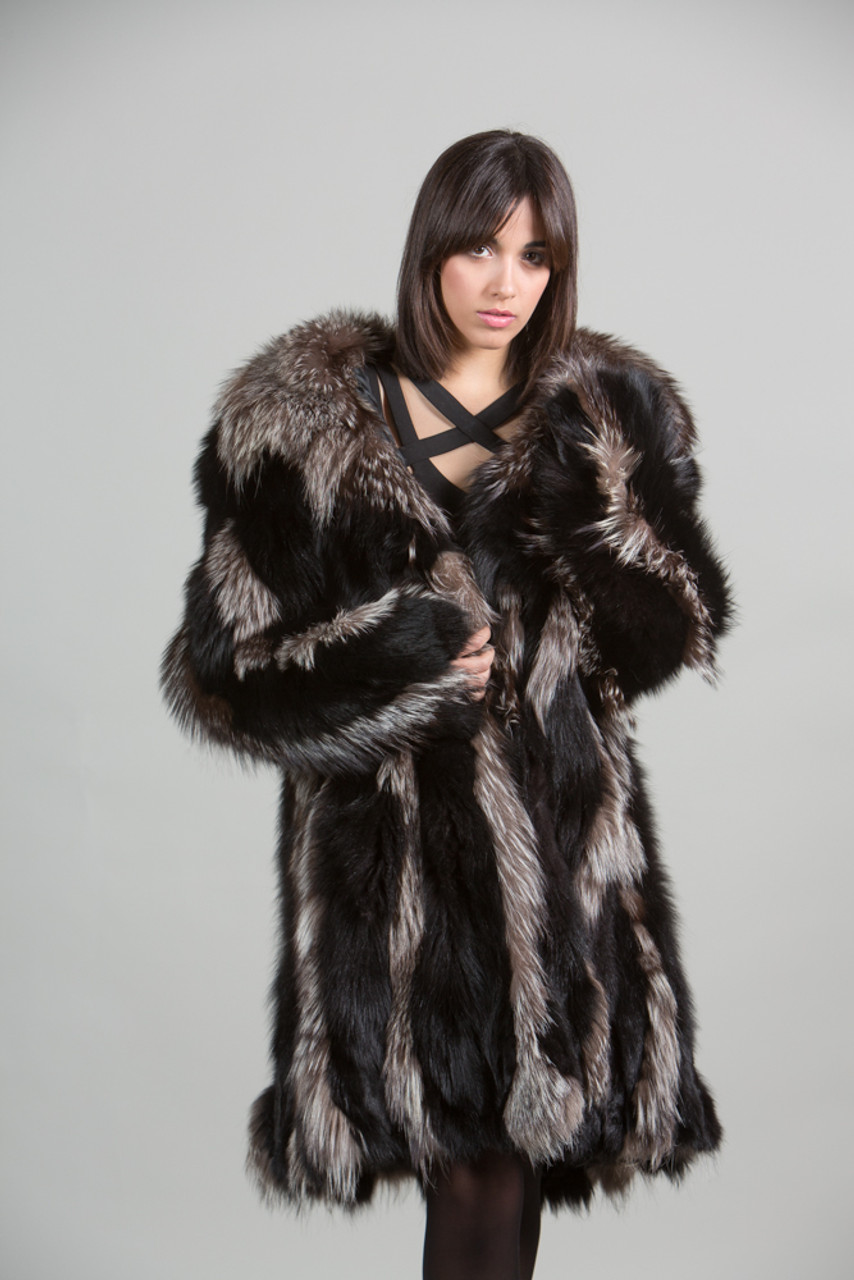 Black Silver Fox Fur Coat Shawl Fox Collar SKANDINAVIK FUR